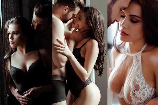 Collage of sexy young undressed couple kissing at home — Stock Photo