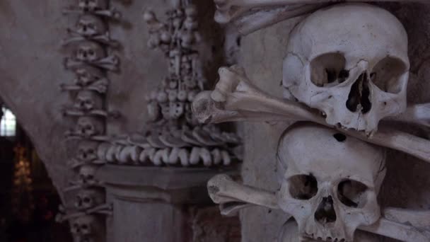 捷克共和国Sedlec Ossuary的墙上挂着骷髅和骨骼 — 图库视频影像